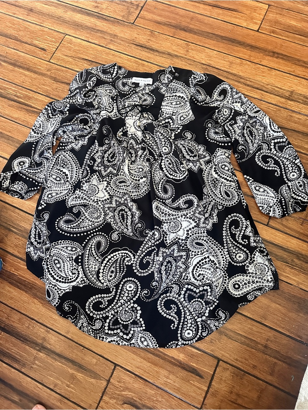 Emma & Michele Black and White Paisley Tunic Blouse plus size fashion